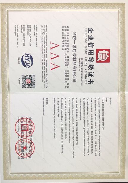 China WEIFNAG UNO PACKING PRODUCTS CO.,LTD Certificaten
